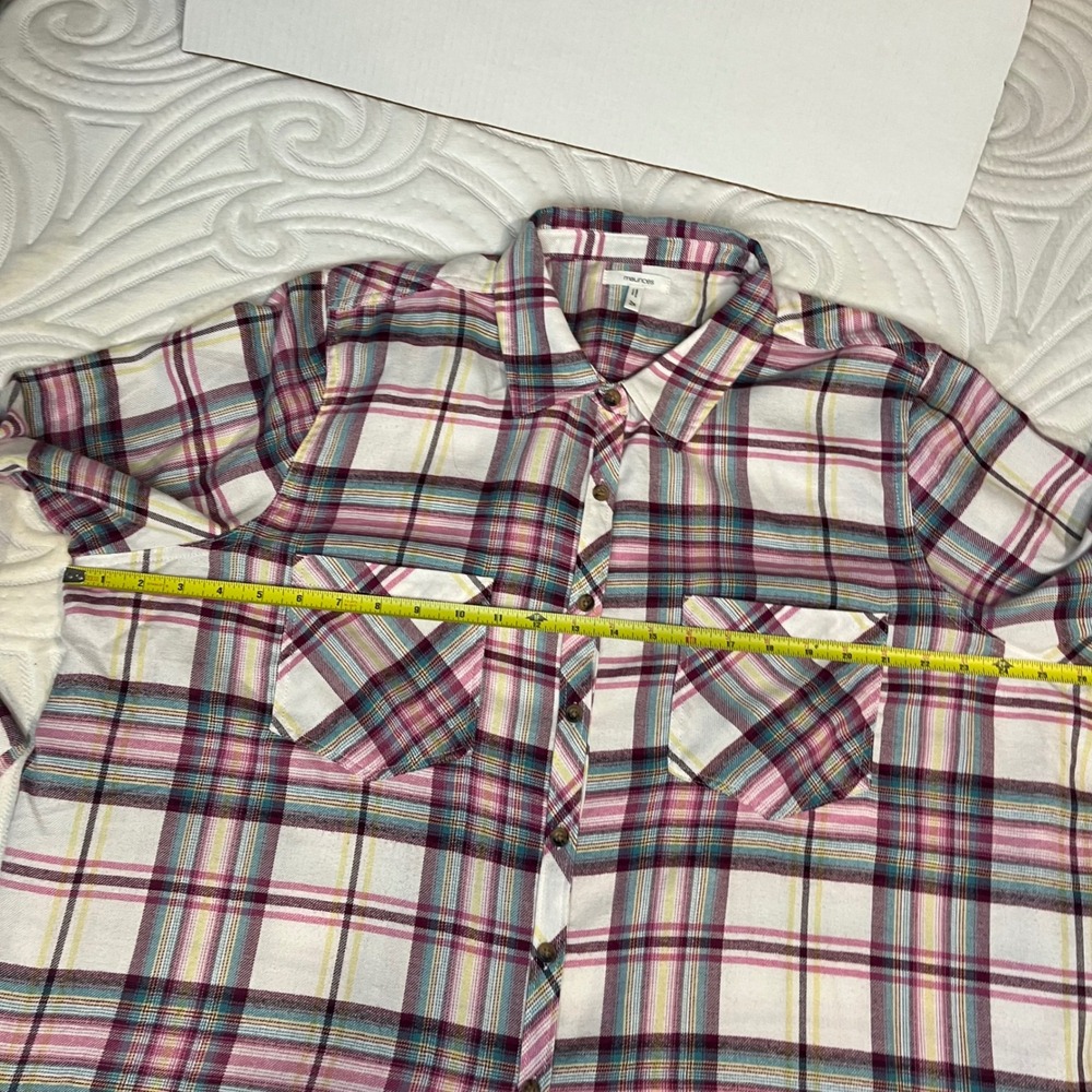Maurices Womens 2X Soft Plaid Button Down Pink Teal Rayon Blend Long Sleeve - Picture 6 of 9